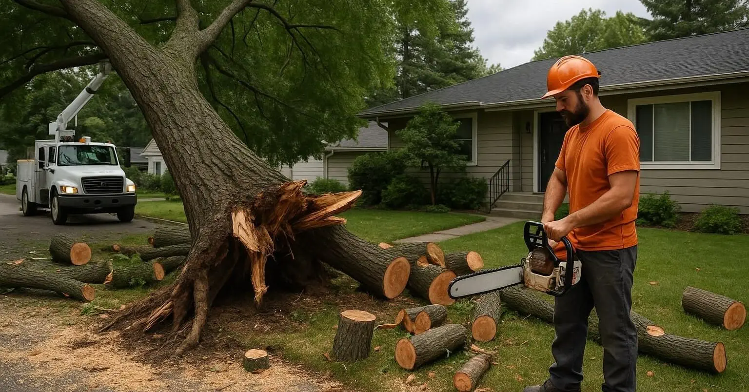 Emergency tree removal crew responding to storm damage in North Texas neighborhood