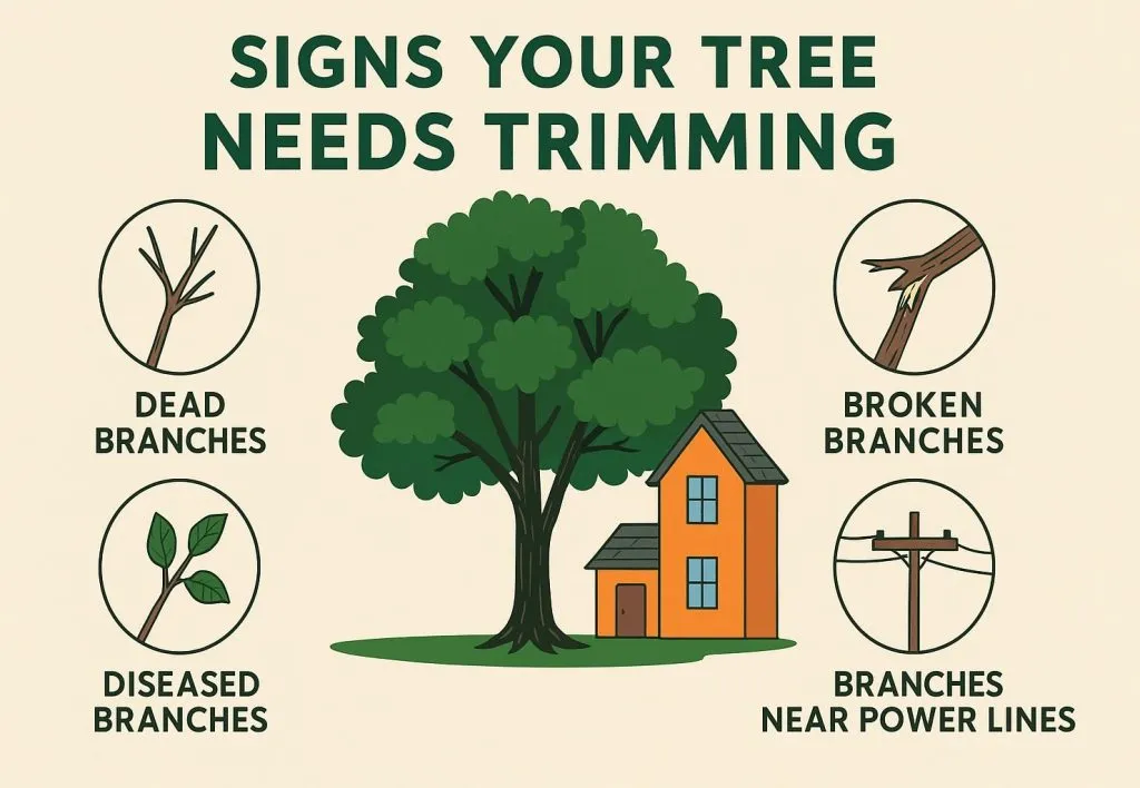 Infographic showing signs a tree needs trimming, including dead, broken, diseased branches and branches near power lines.